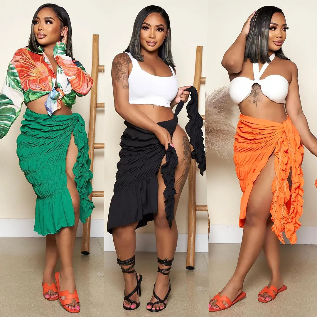 Neon Split Stretch Pleated Wrap Skirt Women Clothing 2025 Fashion Sexy Summer Beach Vacation Midi Skirts