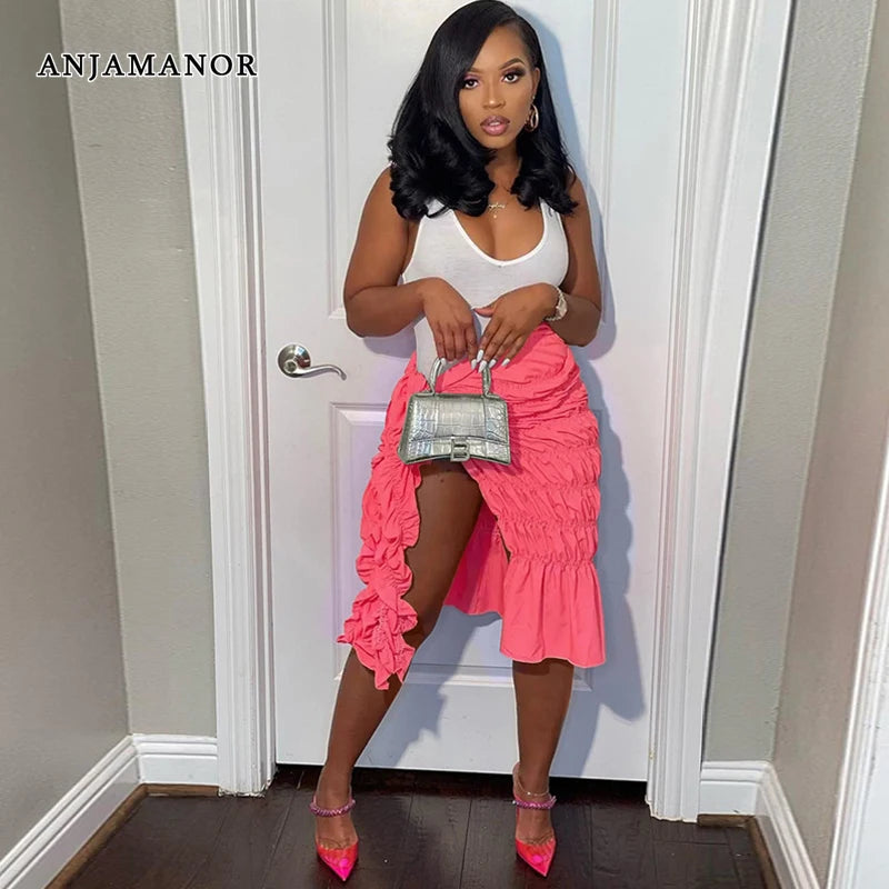 Neon Split Stretch Pleated Wrap Skirt Women Clothing 2025 Fashion Sexy Summer Beach Vacation Midi Skirts