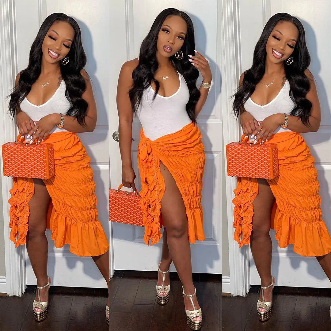 Neon Split Stretch Pleated Wrap Skirt Women Clothing 2025 Fashion Sexy Summer Beach Vacation Midi Skirts