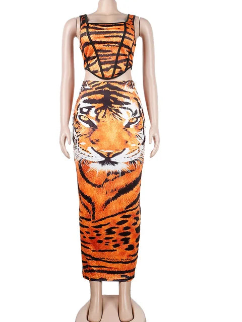Sexy Print Tiger Leopard Skirt Set Summer Women Sleeveless Tank Top And Ankle Length Skirt Suits Clubwear Outfits