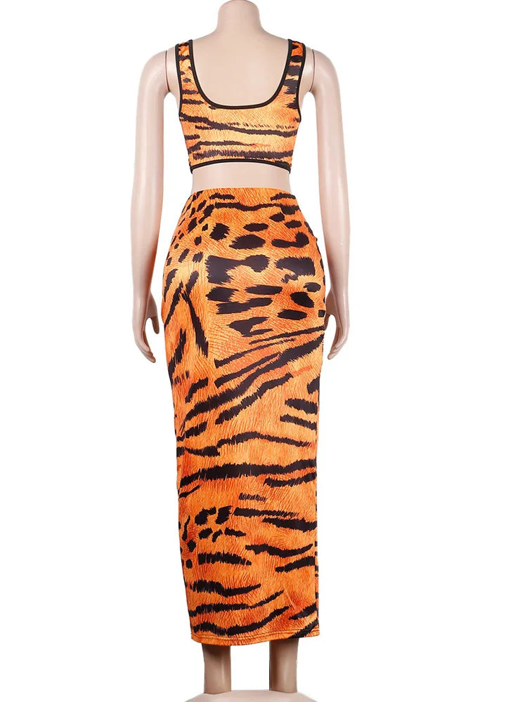 Sexy Print Tiger Leopard Skirt Set Summer Women Sleeveless Tank Top And Ankle Length Skirt Suits Clubwear Outfits
