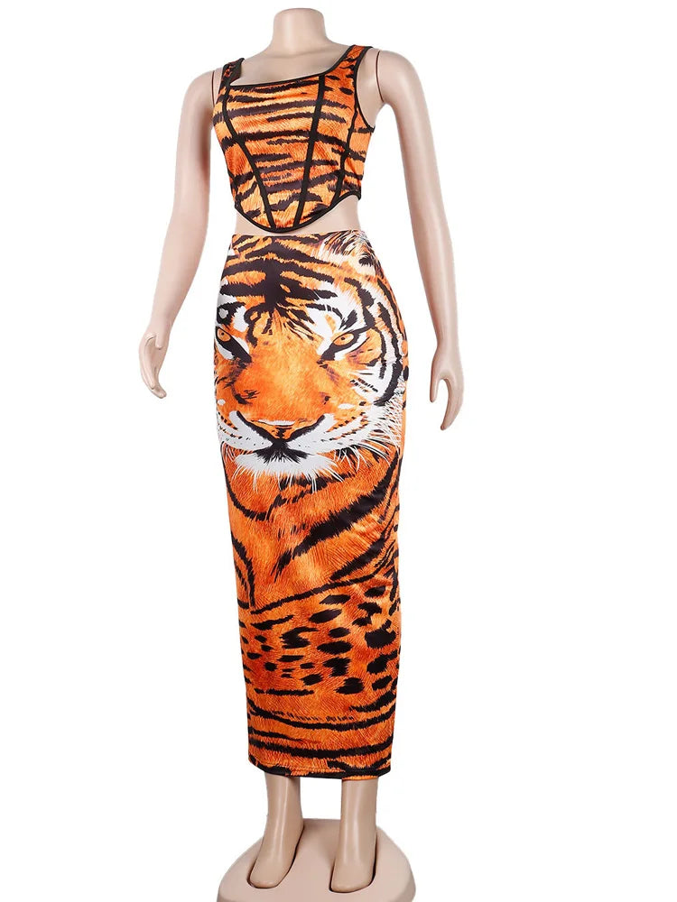 Sexy Print Tiger Leopard Skirt Set Summer Women Sleeveless Tank Top And Ankle Length Skirt Suits Clubwear Outfits