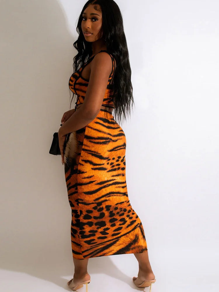 Sexy Print Tiger Leopard Skirt Set Summer Women Sleeveless Tank Top And Ankle Length Skirt Suits Clubwear Outfits
