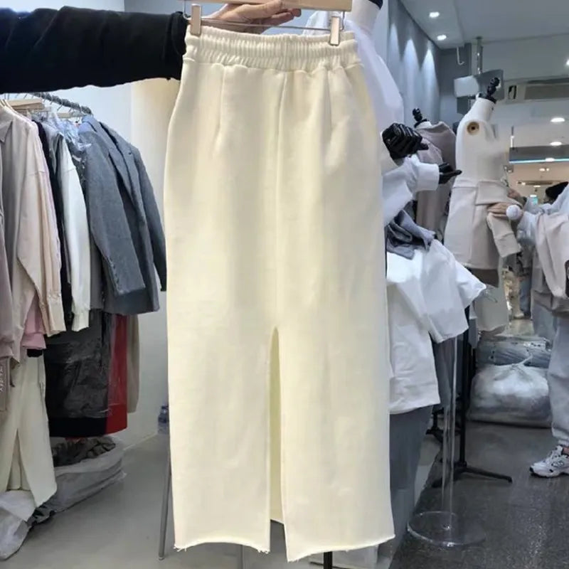 Spring Solid Straight Slit Skirts Womens Comfortable Elastic Design Mujer Faldas