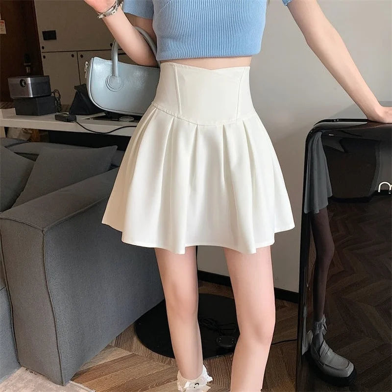 Skirts Women Pleated Fashion Korean Preppy Style Solid Basic Mujer Faldas Summer Ins Slim High Waist Feminine Popular Student