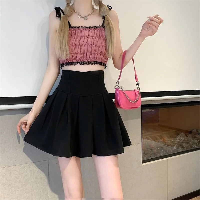 Skirts Women Pleated Fashion Korean Preppy Style Solid Basic Mujer Faldas Summer Ins Slim High Waist Feminine Popular Student