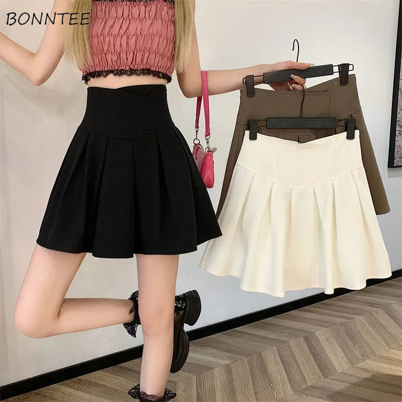 Skirts Women Pleated Fashion Korean Preppy Style Solid Basic Mujer Faldas Summer Ins Slim High Waist Feminine Popular Student