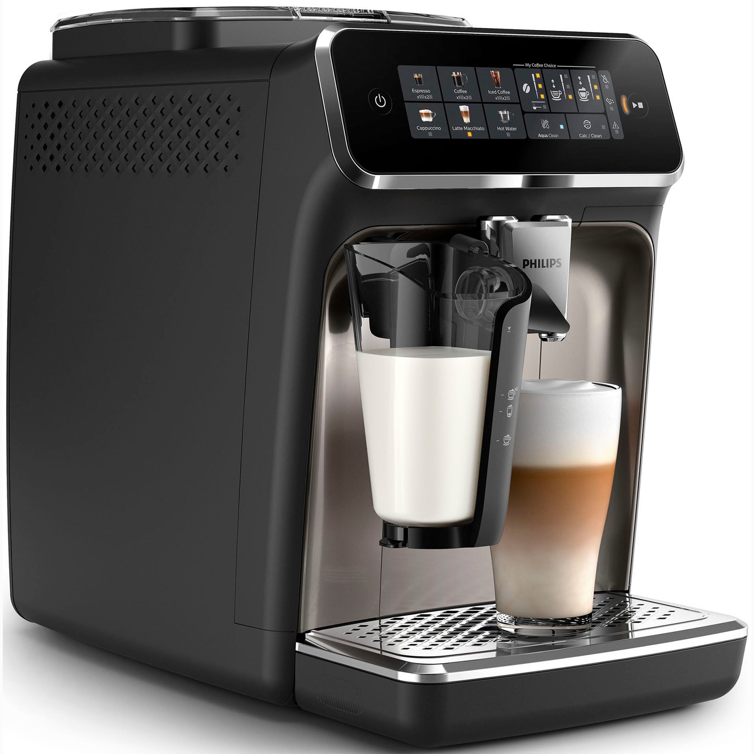 Philips Series 3300 Kaffeevollautomat EP3347/90 - 6 Getränke, Farb Touchscreen Display, LatteGo Milchsystem, SilentBrew, Keramikmahlwerk, AquaClean Filter - Schwarz/Chrom