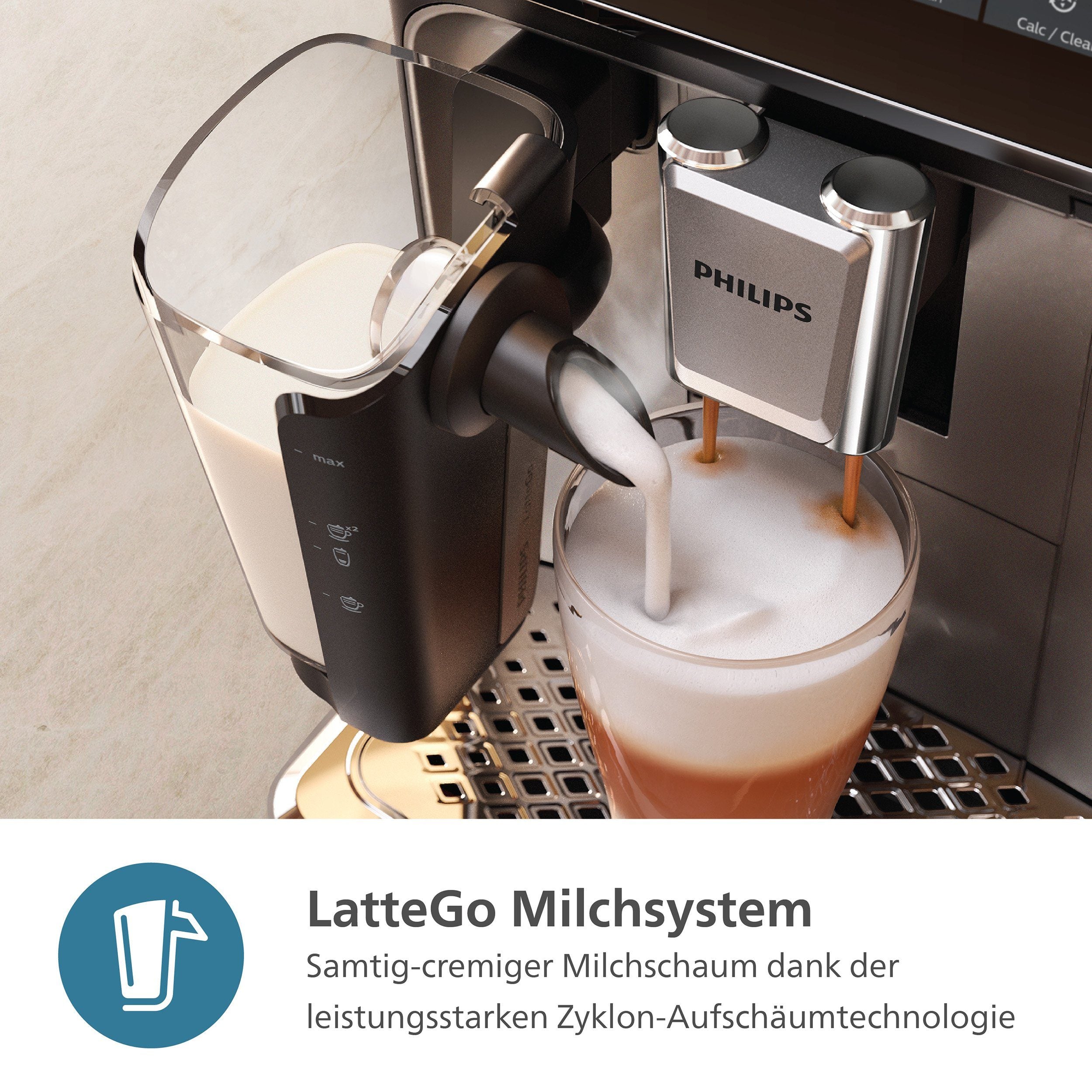 Philips Series 3300 Kaffeevollautomat EP3347/90 - 6 Getränke, Farb Touchscreen Display, LatteGo Milchsystem, SilentBrew, Keramikmahlwerk, AquaClean Filter - Schwarz/Chrom